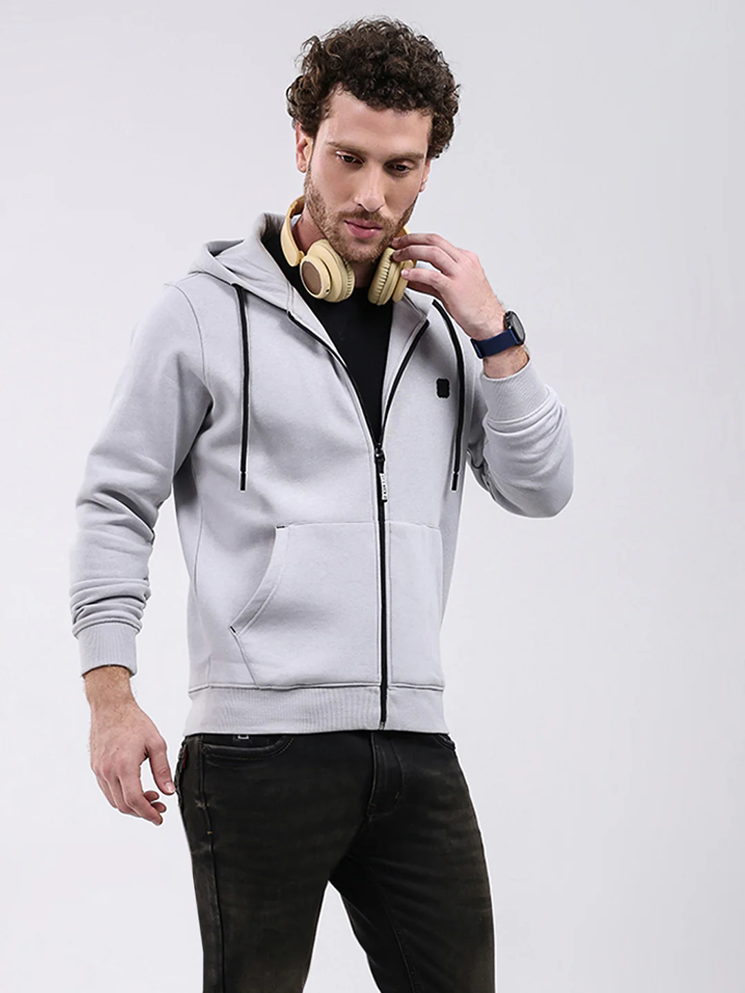 Rock.it Men Grey Solid Hooded Full Sleeve Sweatshirt - Image 6