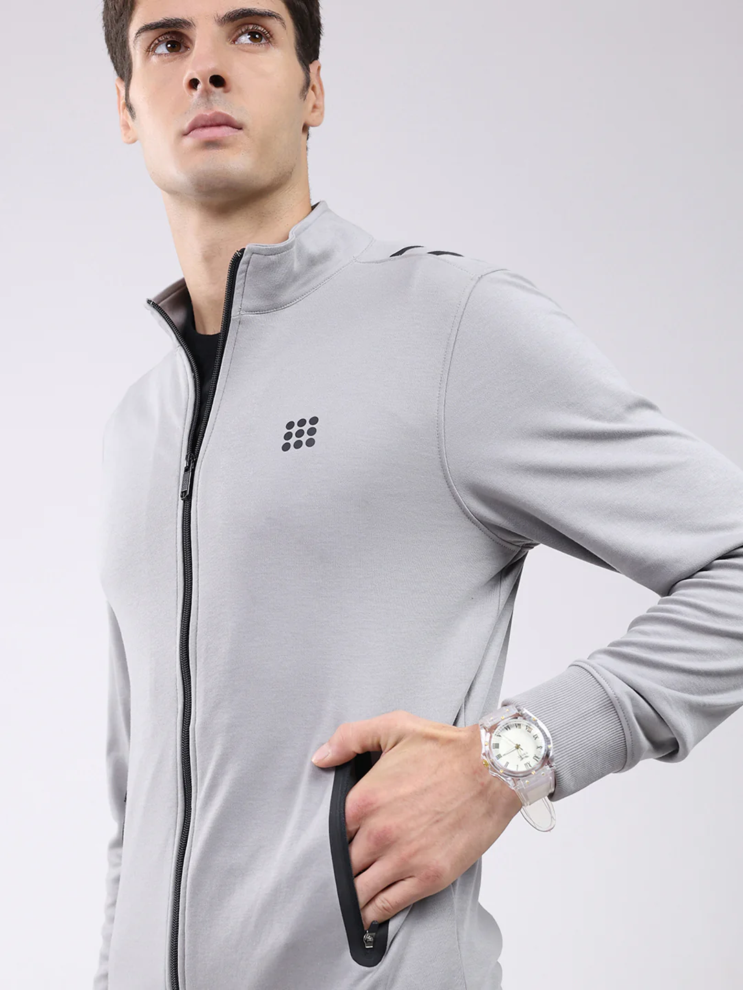 Rock.it Men Grey Solid Mock Neck Full Sleeve Sweatshirt - Image 6