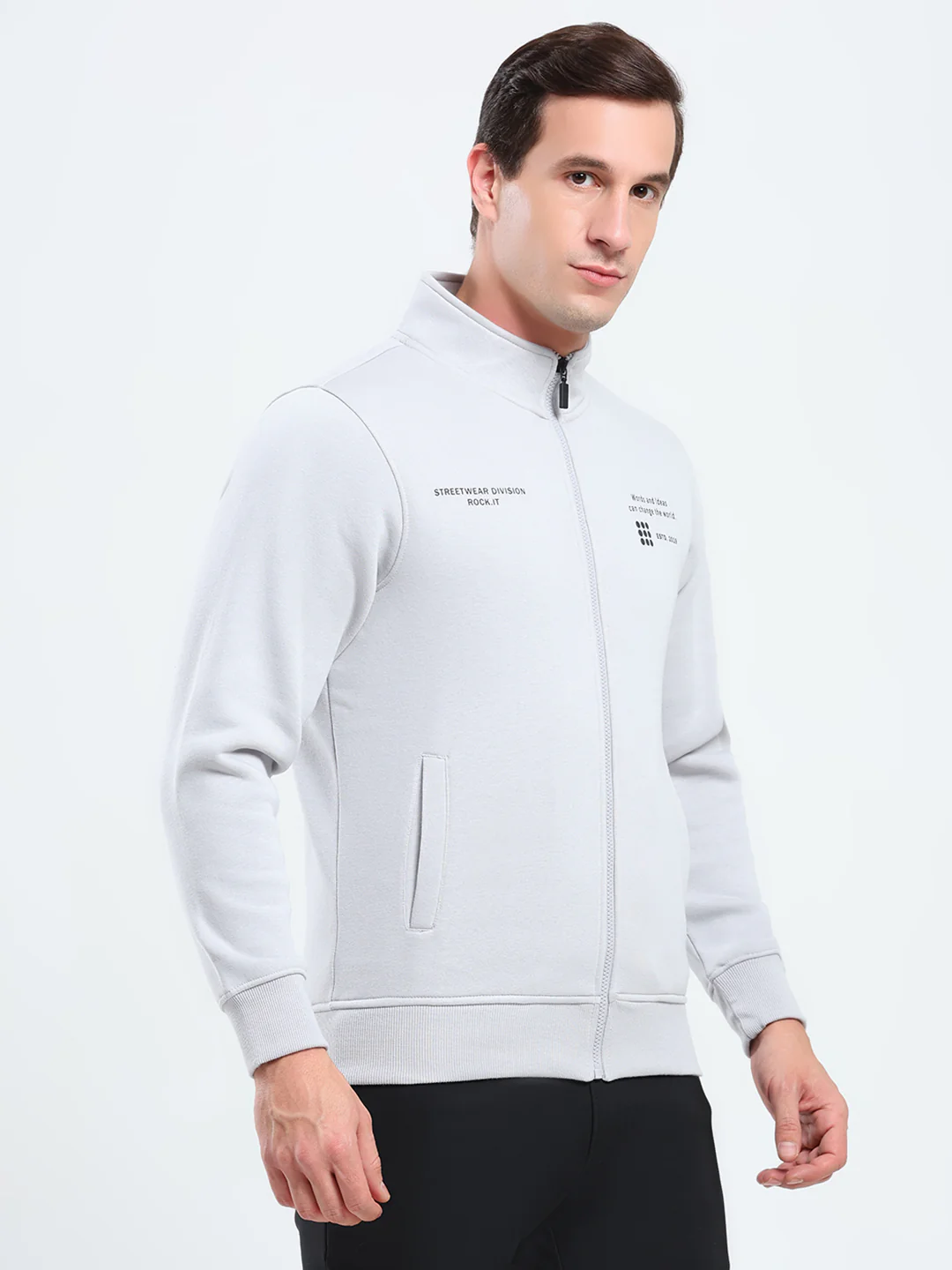 Rock.it Men Grey Solid Mock Neck Full Sleeve Sweatshirt - Image 4