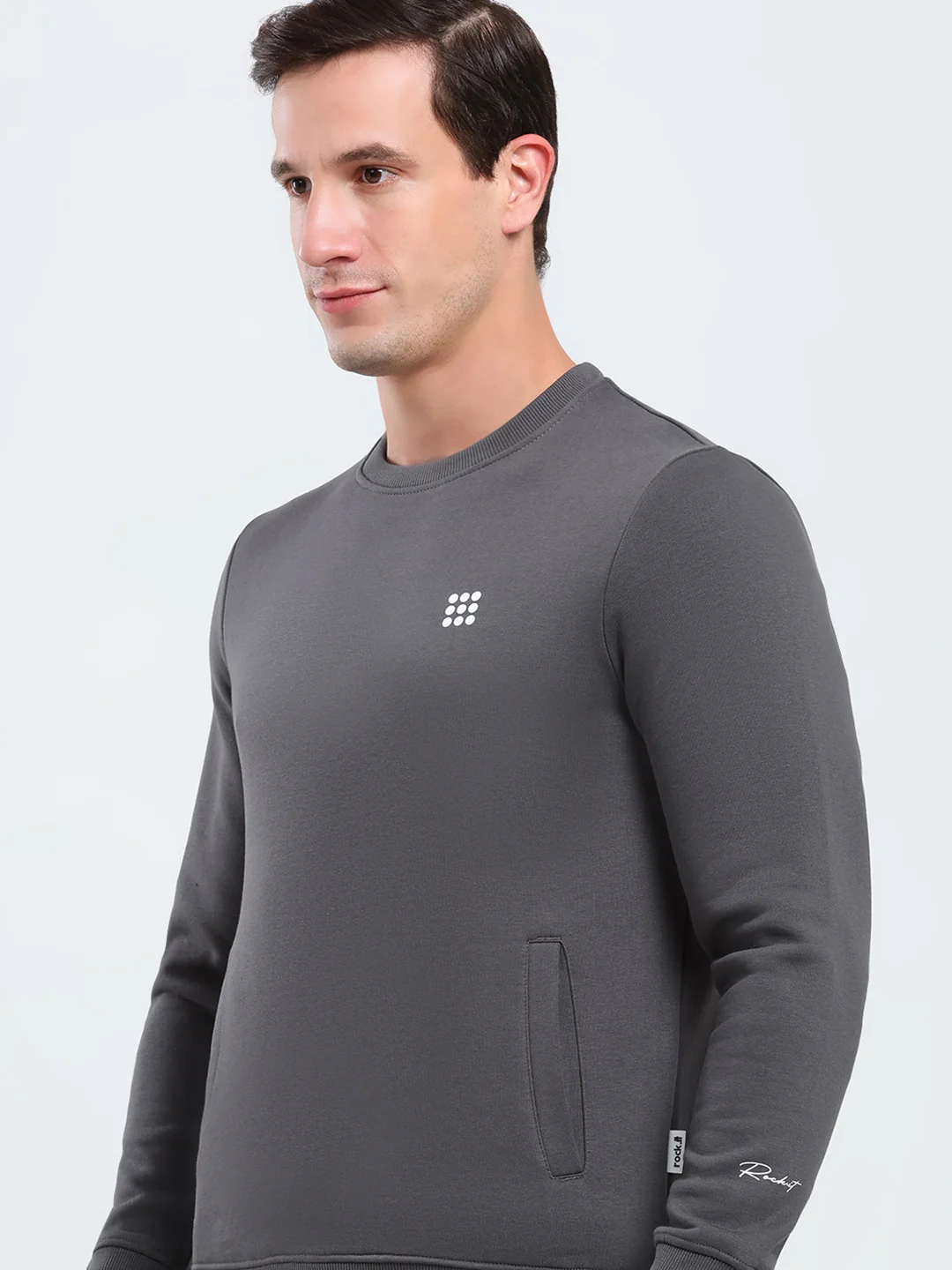 Rock.it Men Grey Solid Round Neck Full Sleeve Sweatshirt - Image 7