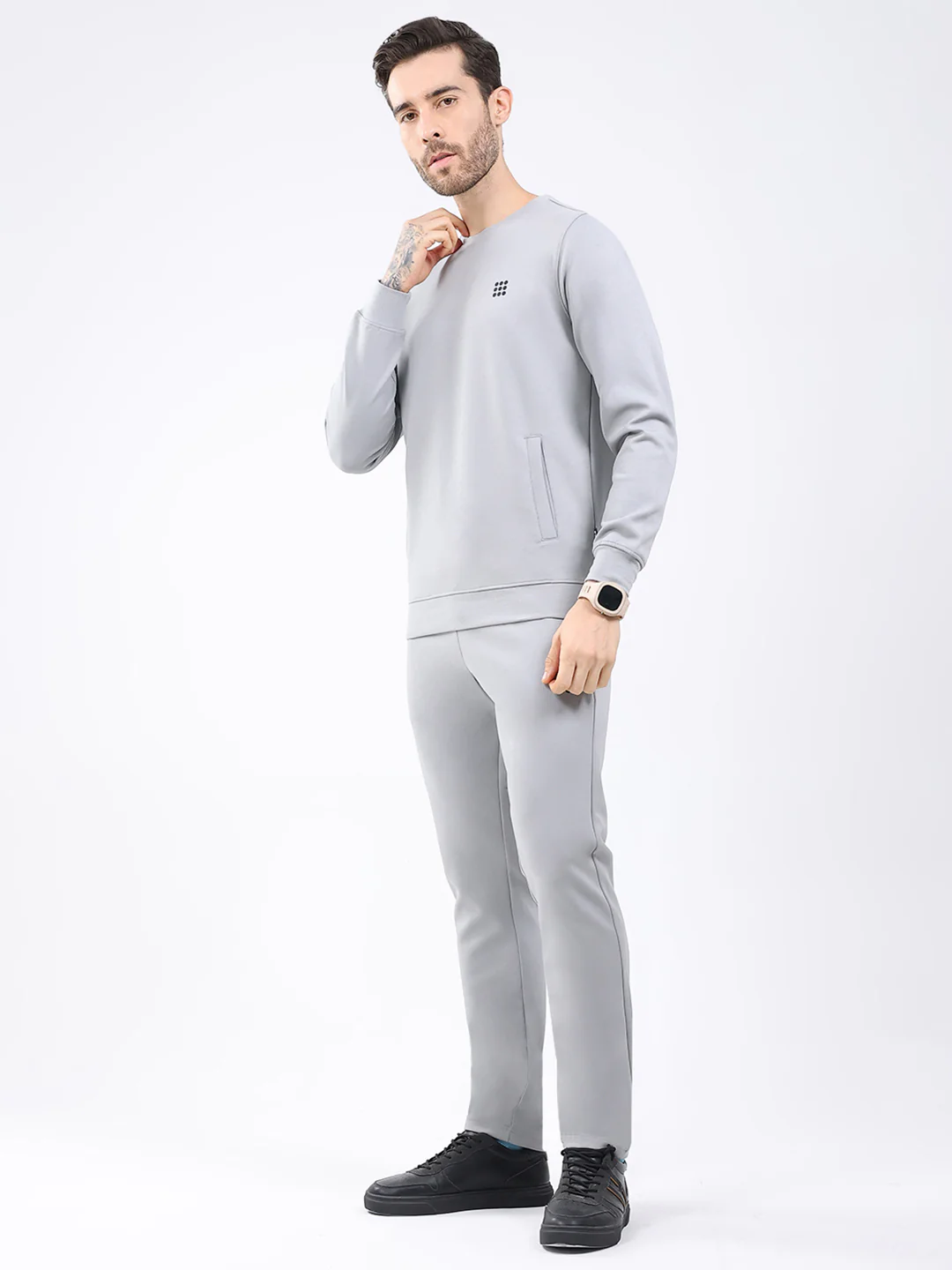 Rock.it Men Grey Solid Round Neck Full Sleeve Winter Tracksuit - Image 3