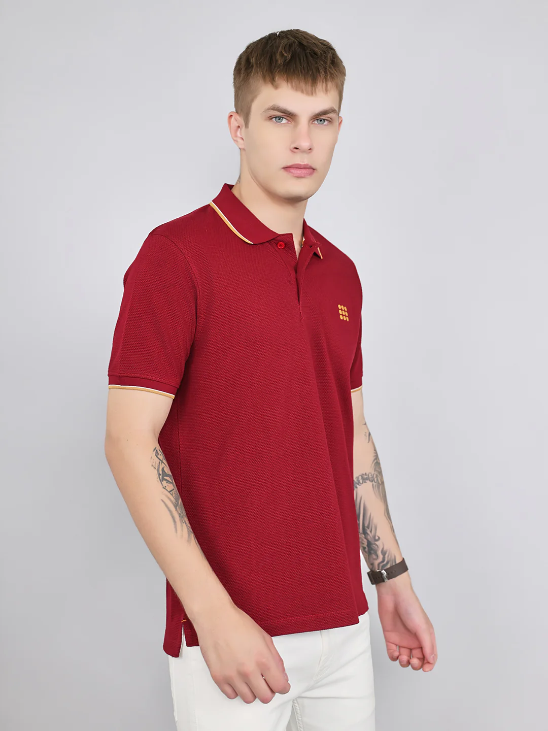 Rock.it Men Maroon Self Design Collar Half Sleeve T-Shirt - Image 2