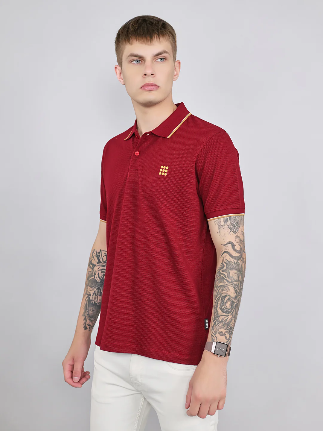 Rock.it Men Maroon Self Design Collar Half Sleeve T-Shirt - Image 3