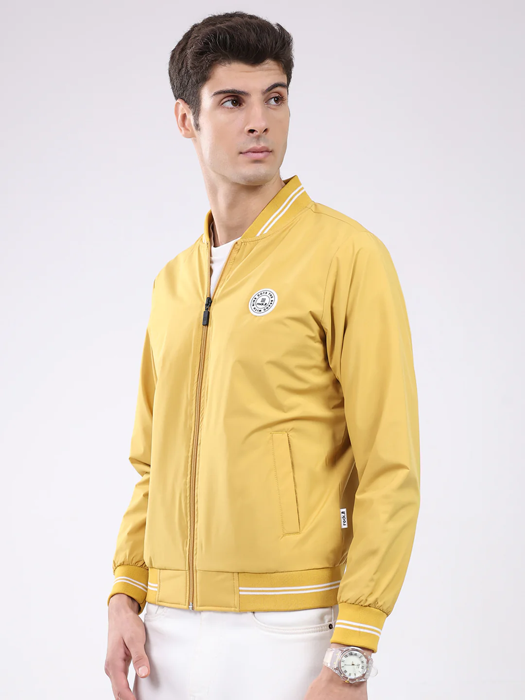 Rock.it Men Mustard Solid Band Neck Full Sleeve Jacket - Image 3