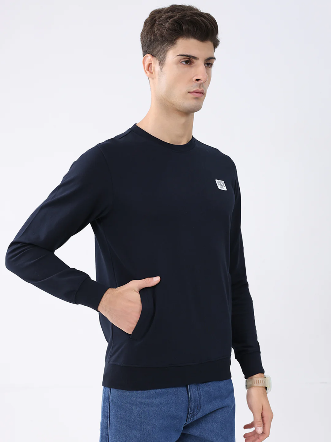 Rock.it Men Navy Blue Solid Round Neck Full Sleeve Sweatshirt - Image 4