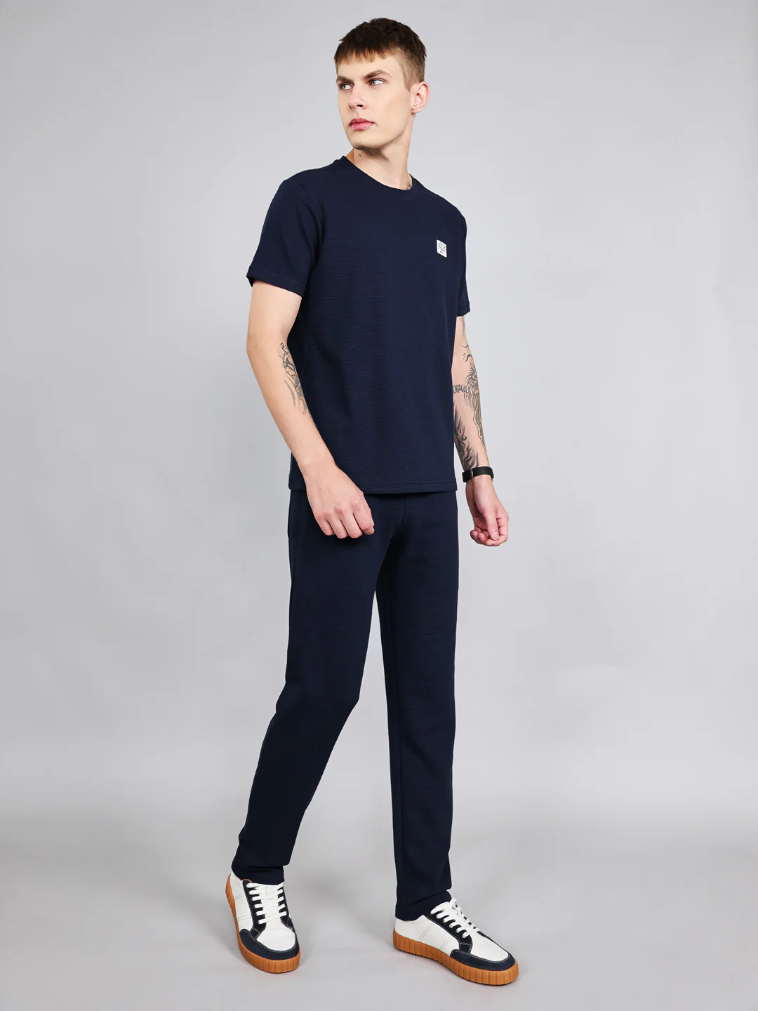 Rock.it Men Navy Blue Solid Round Neck Half Sleeve Cords Set - Image 3