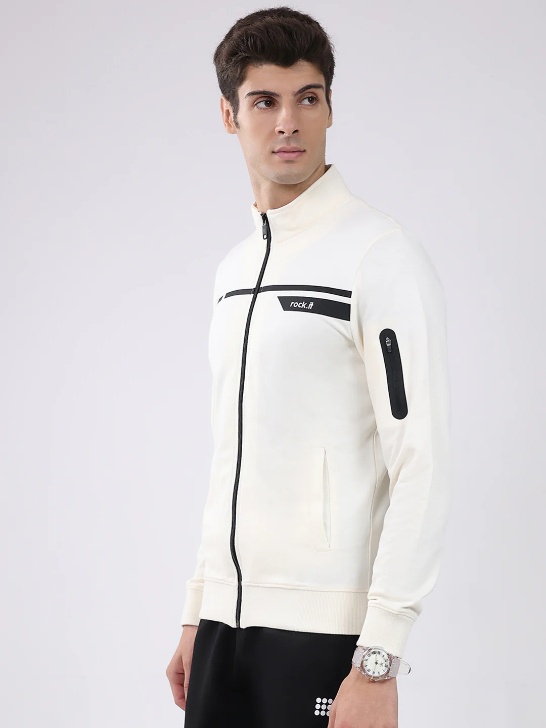 Rock.it Men Off White Solid Mock Neck Full Sleeve Sweatshirt - Image 3