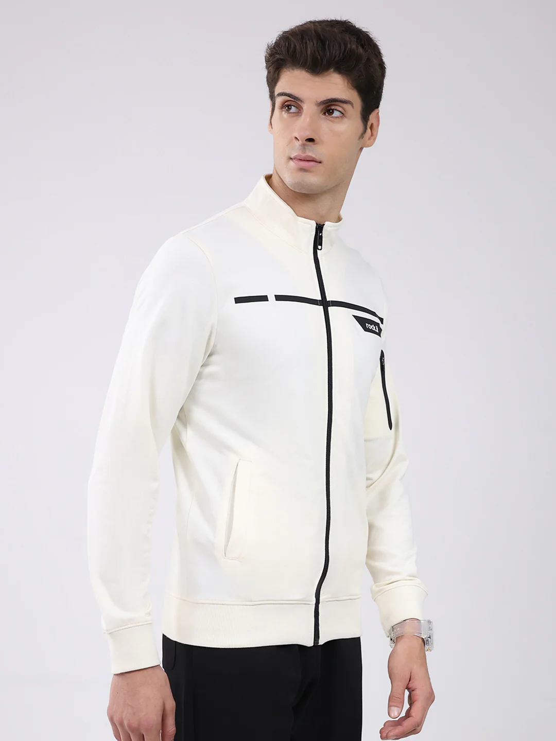 Rock.it Men Off White Solid Mock Neck Full Sleeve Sweatshirt - Image 4