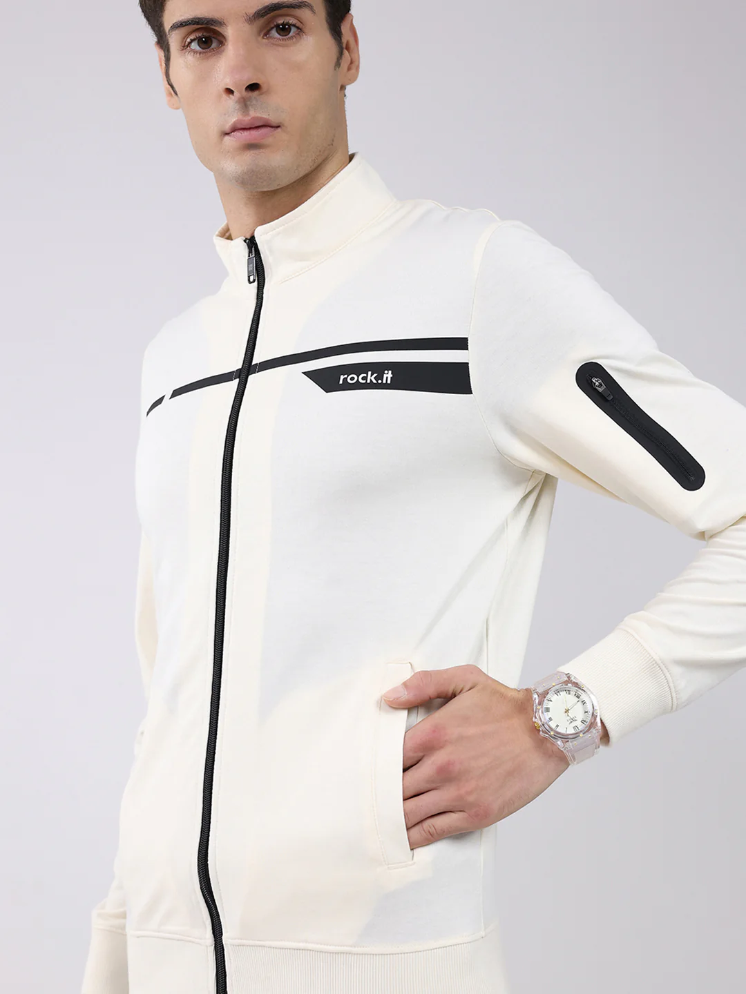 Rock.it Men Off White Solid Mock Neck Full Sleeve Sweatshirt - Image 7