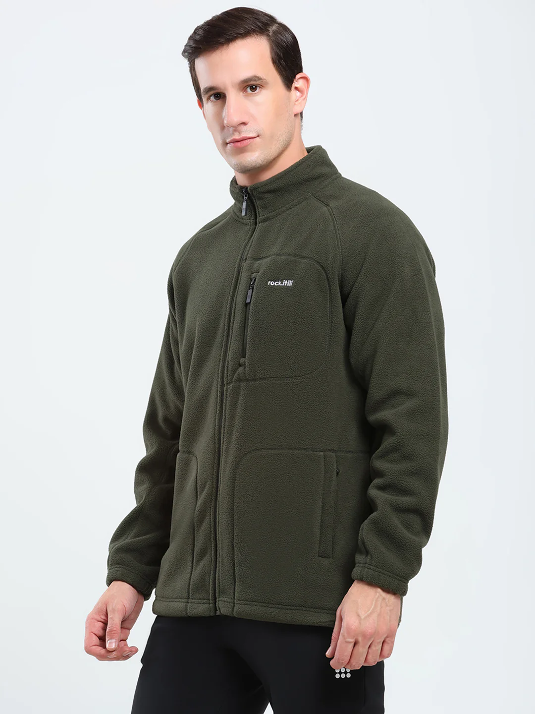 Rock.it Men Olive Solid Mock Neck Full Sleeve Sweatshirt - Image 3