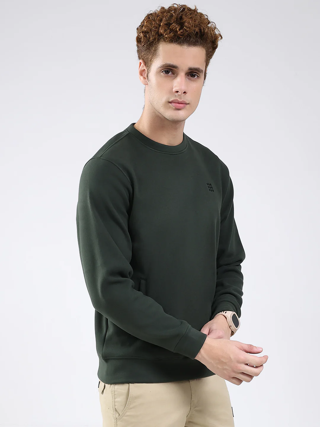 Rock.it Men Olive Solid Round Neck Full Sleeve Sweatshirt - Image 4