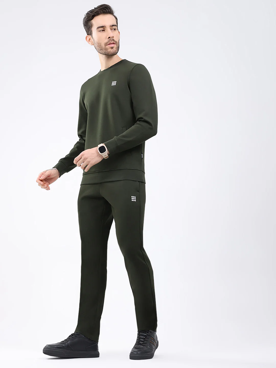 Rock.it Men Olive Solid Round Neck Full Sleeve Winter Tracksuit - Image 3
