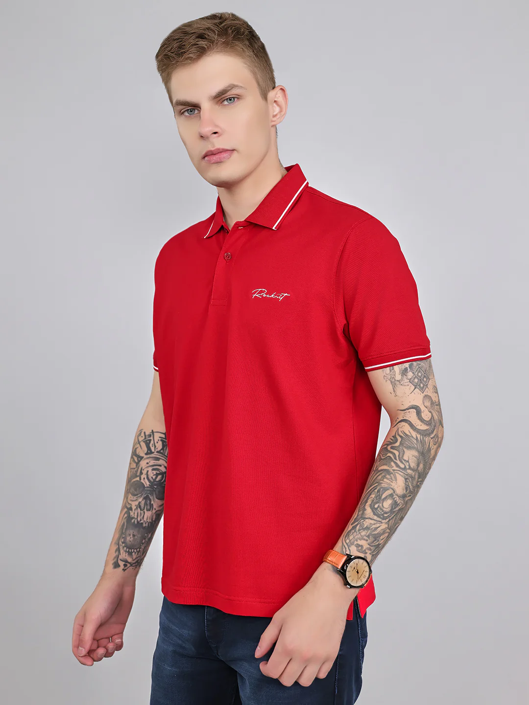 Rock.it Men Red Solid Collar Half Sleeve T-Shirt - Image 2