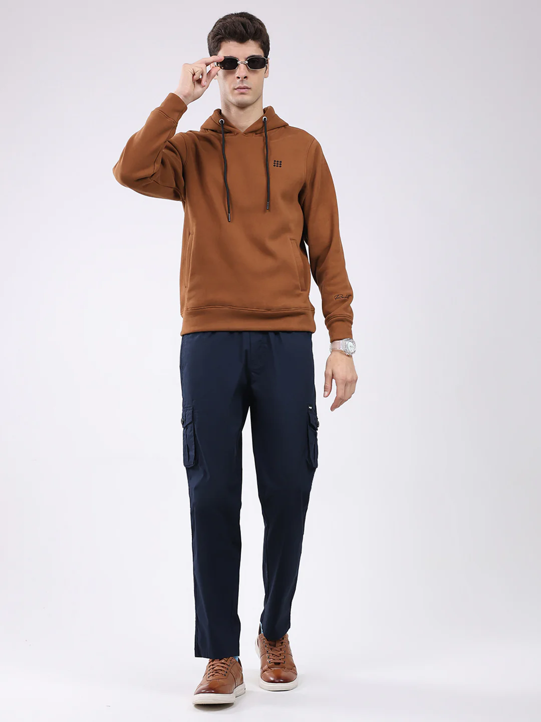 Rock.it Men Tan Solid Hooded Full Sleeve Sweatshirt - Image 2