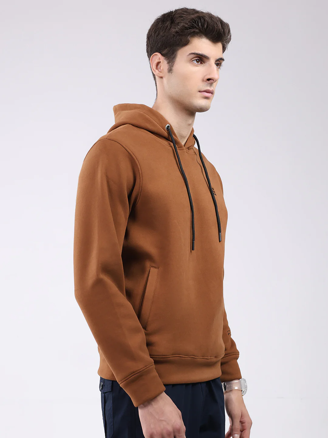 Rock.it Men Tan Solid Hooded Full Sleeve Sweatshirt - Image 4