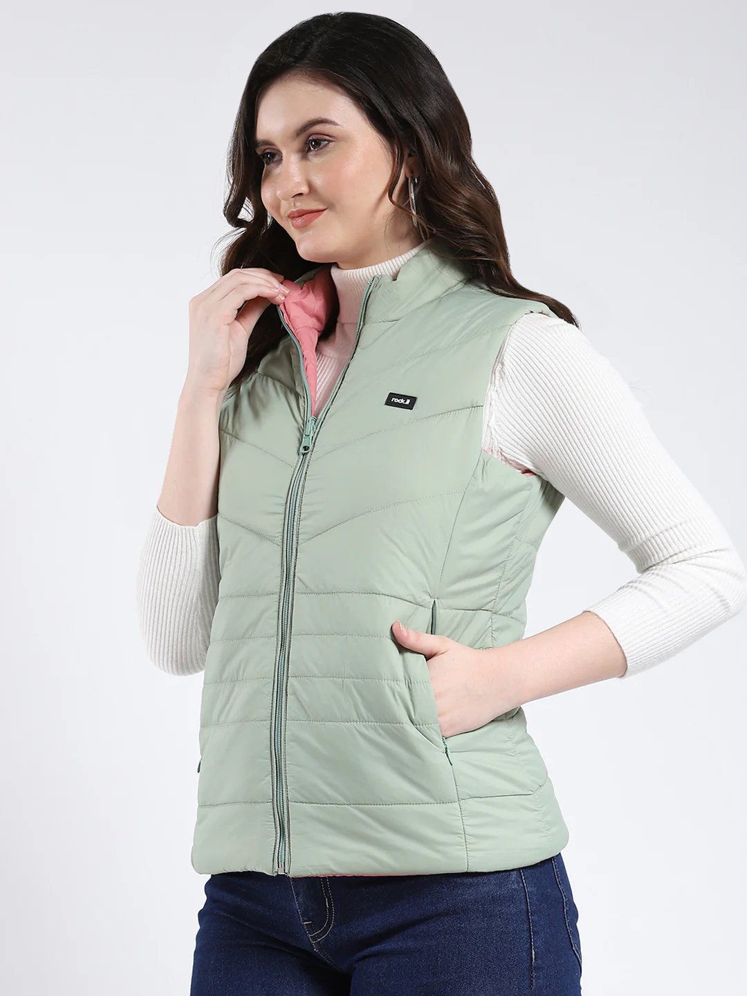Rock.it Women Green & Pink Solid Mock Neck Sleeveless Jacket - Image 3