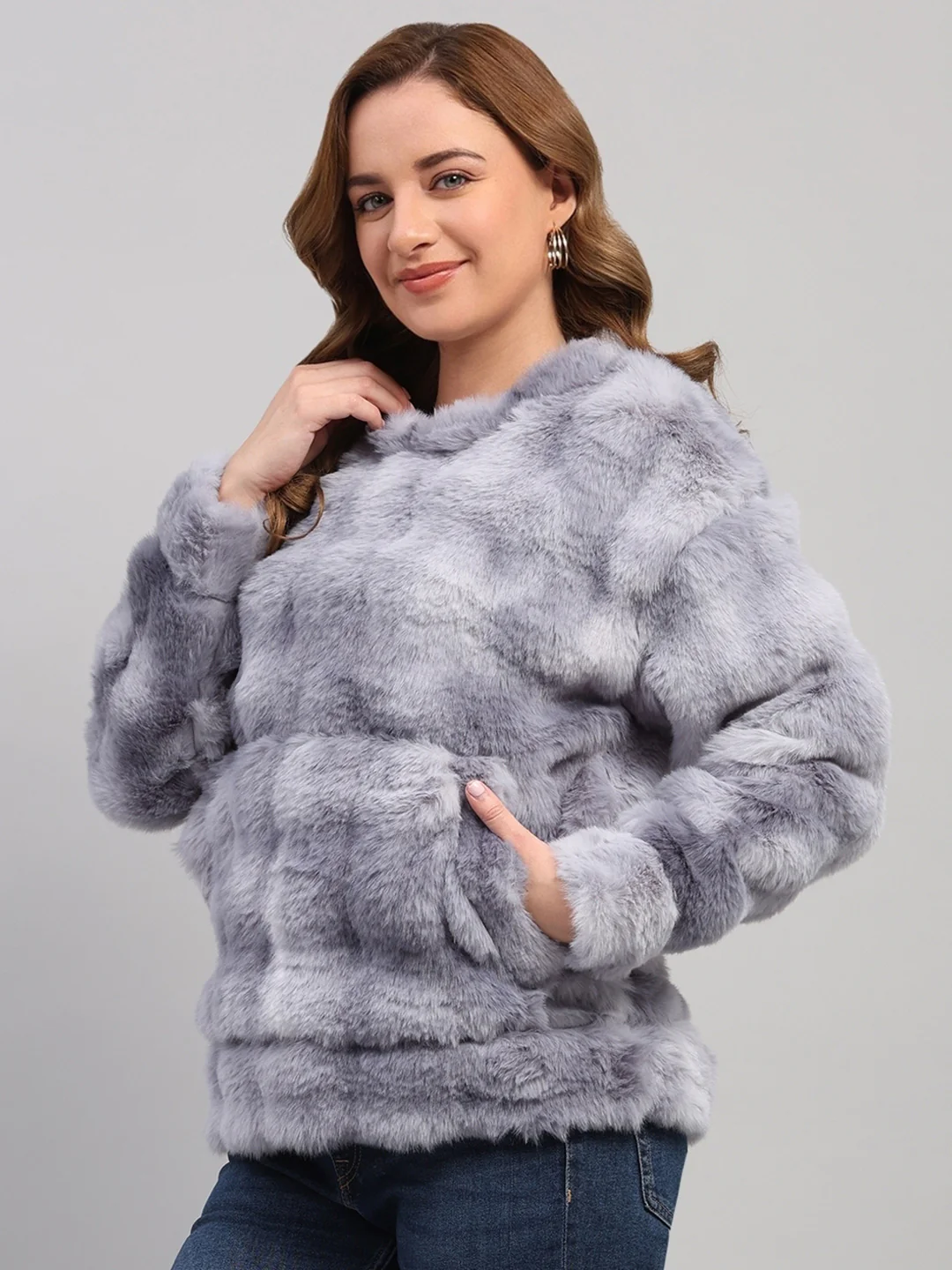 Rock.it Women Grey Self Design Round Neck Full Sleeve Sweatshirt - Image 3