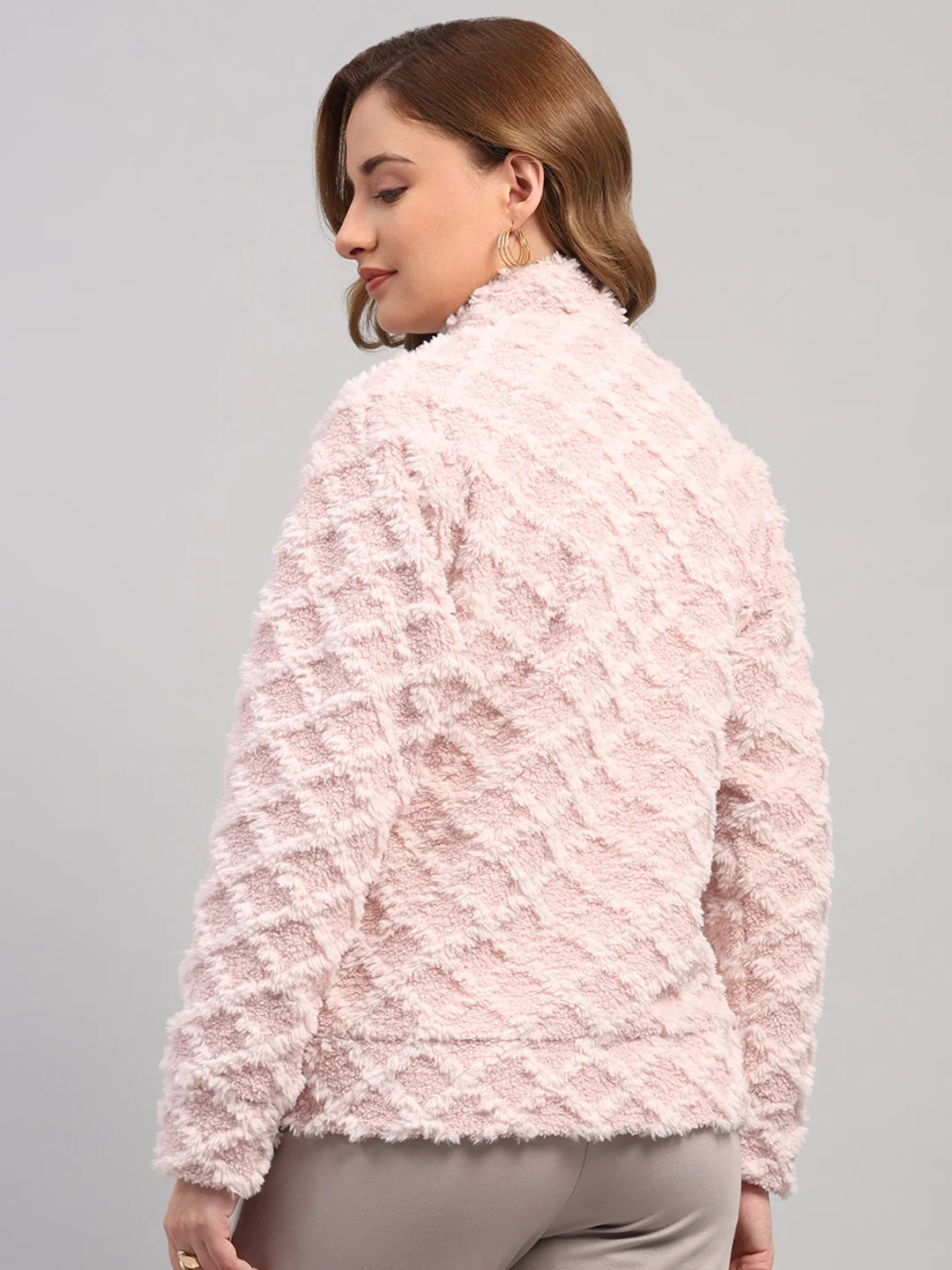 Rock.it Women Peach Self Design Round Neck Full Sleeve Knitted Jacket - Image 5