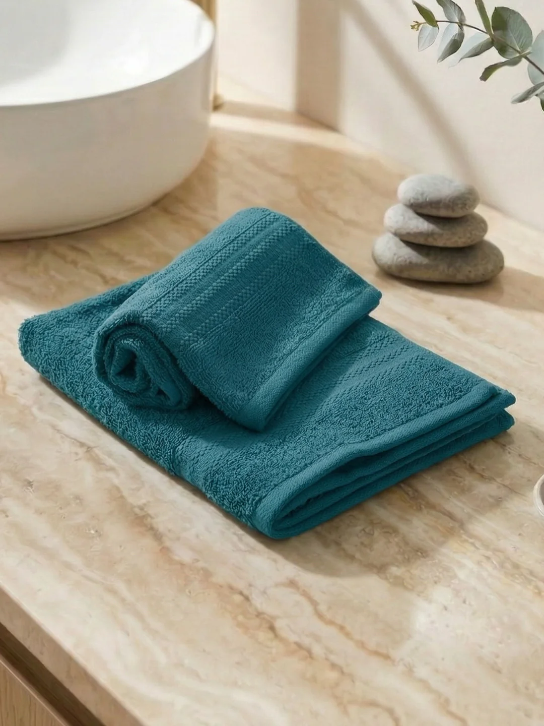 Teal Blue Pure Cotton Solid 380 GSM Hand Towel 2 Pc Set (Jazz Collection) - Image 2