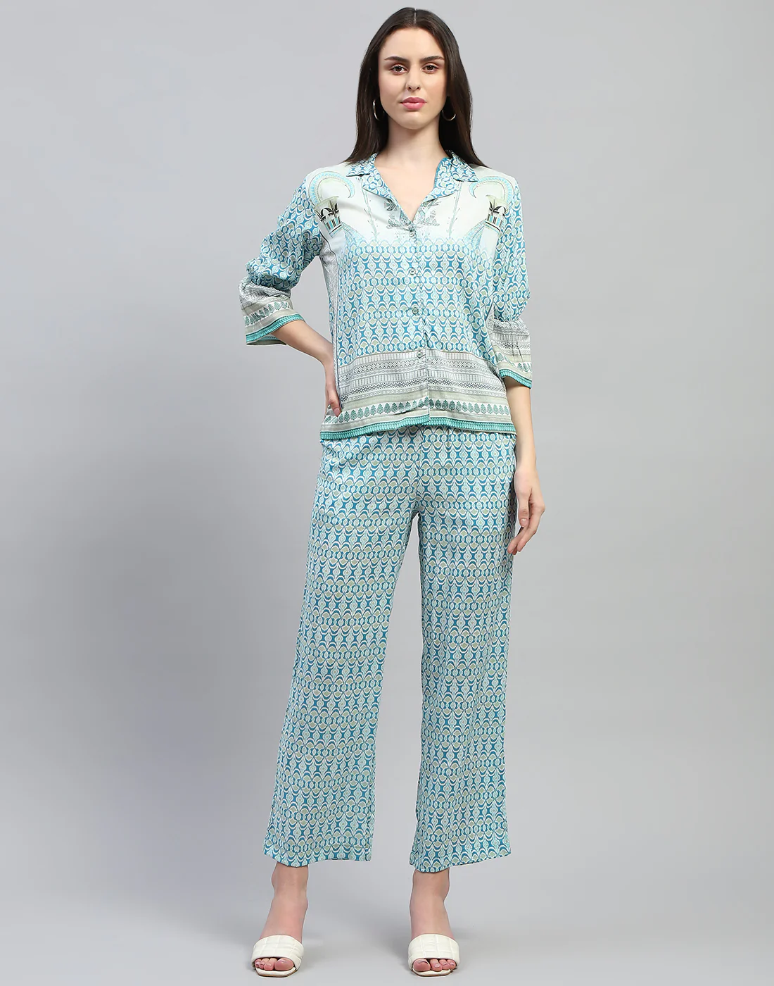 Women Aqua Blue Printed Collar Neck 3/4 Sleeve Lower Set - Image 2