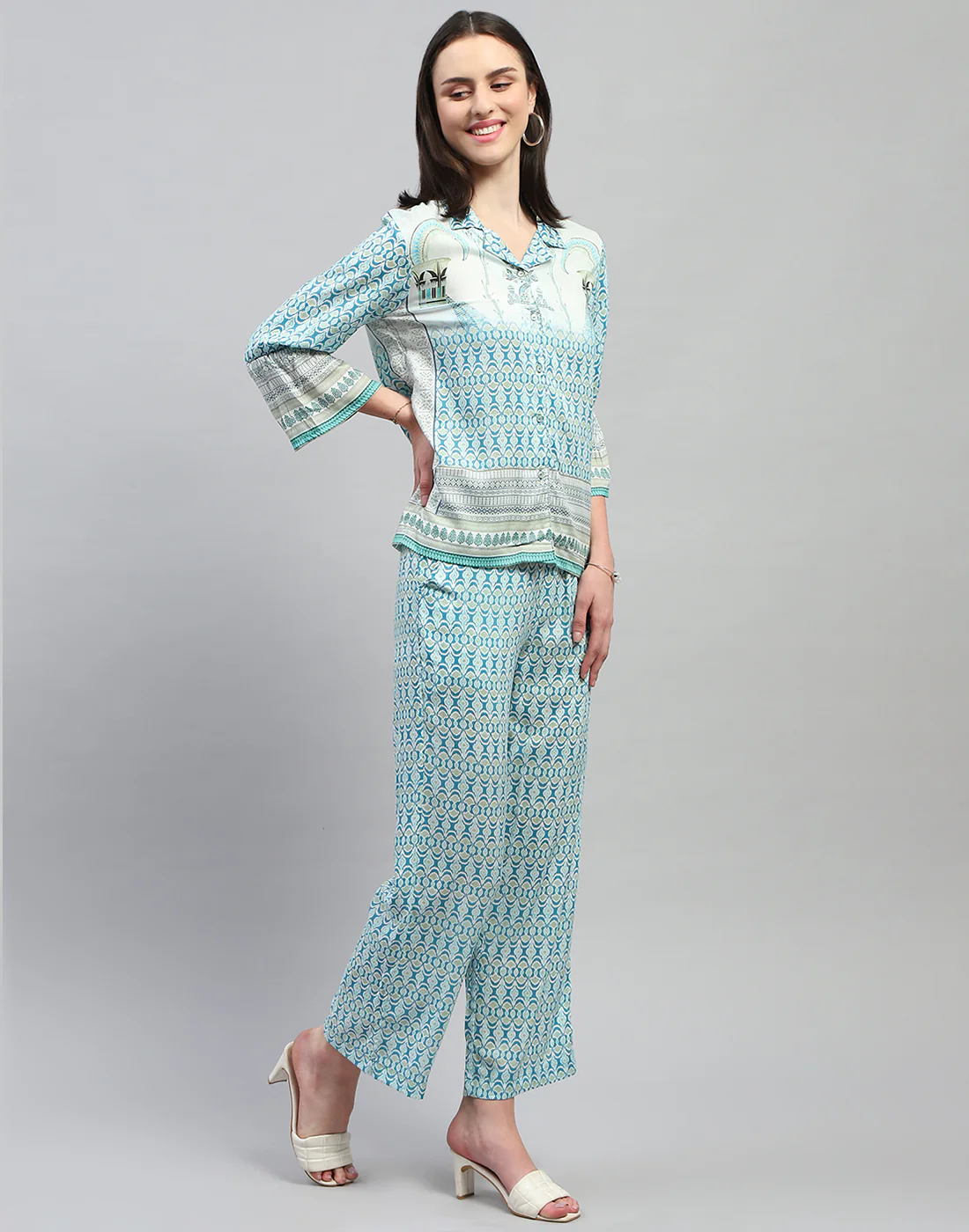Women Aqua Blue Printed Collar Neck 3/4 Sleeve Lower Set - Image 4