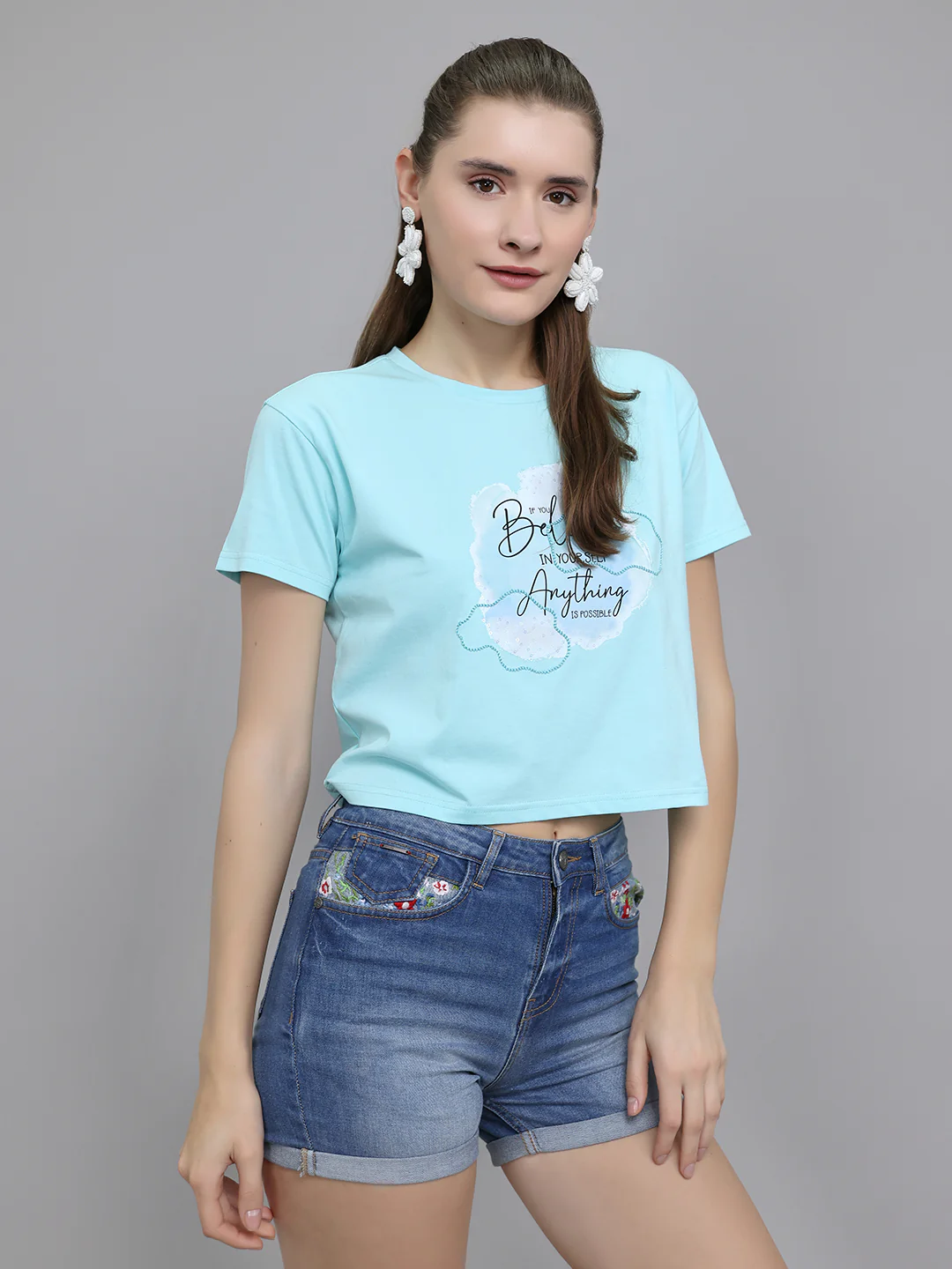 Women Aqua Blue Printed Round Neck Half Sleeve Top - Image 3