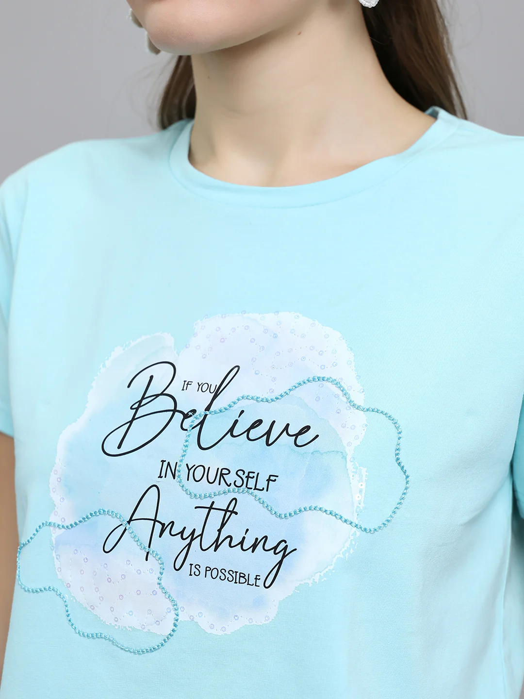 Women Aqua Blue Printed Round Neck Half Sleeve Top - Image 5