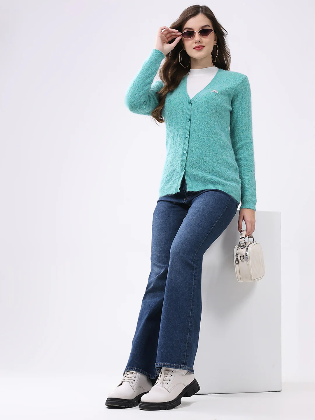 Women Aqua Blue Self Design V Neck Full Sleeve Cardigan - Image 2