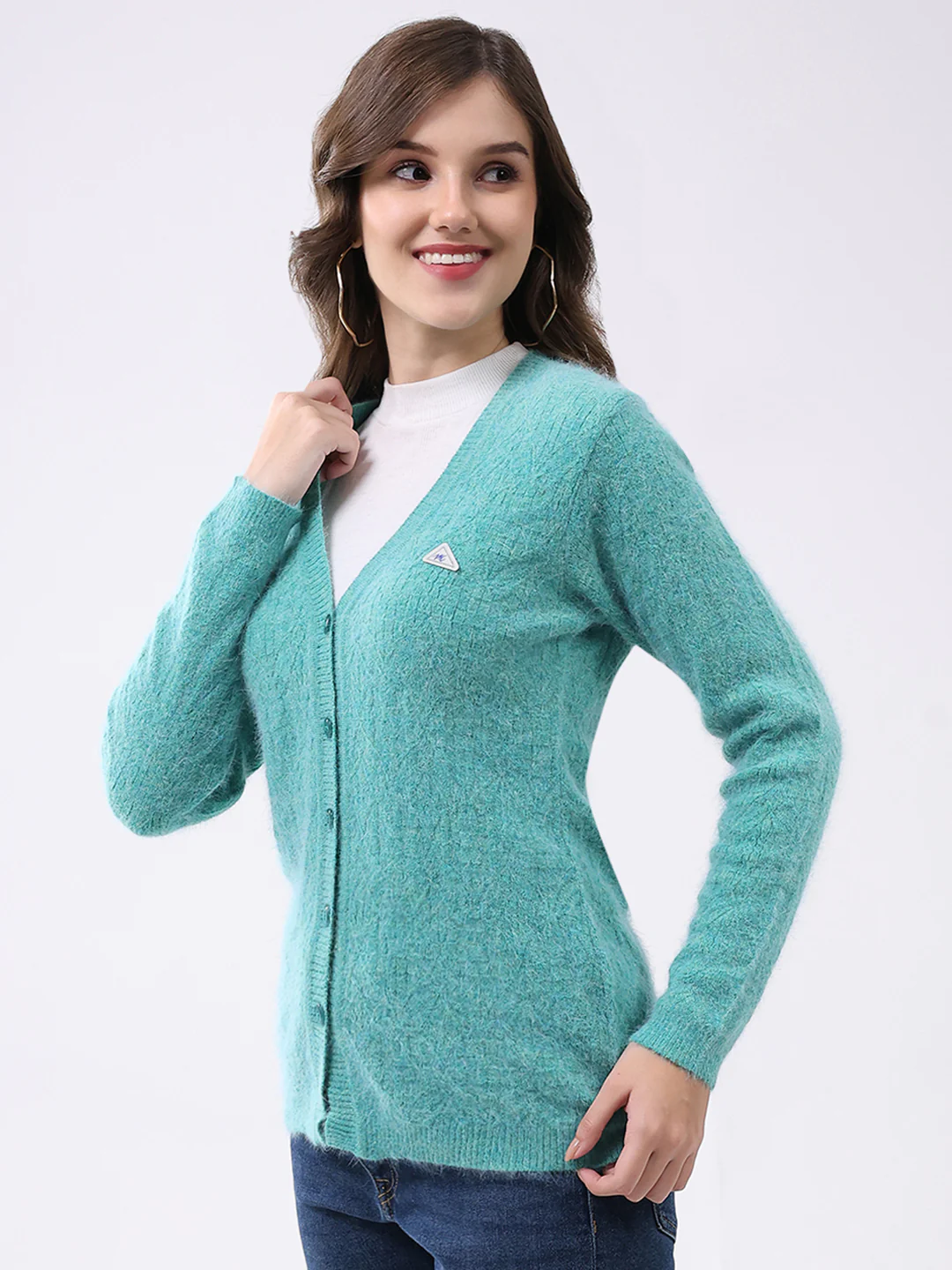 Women Aqua Blue Self Design V Neck Full Sleeve Cardigan - Image 3