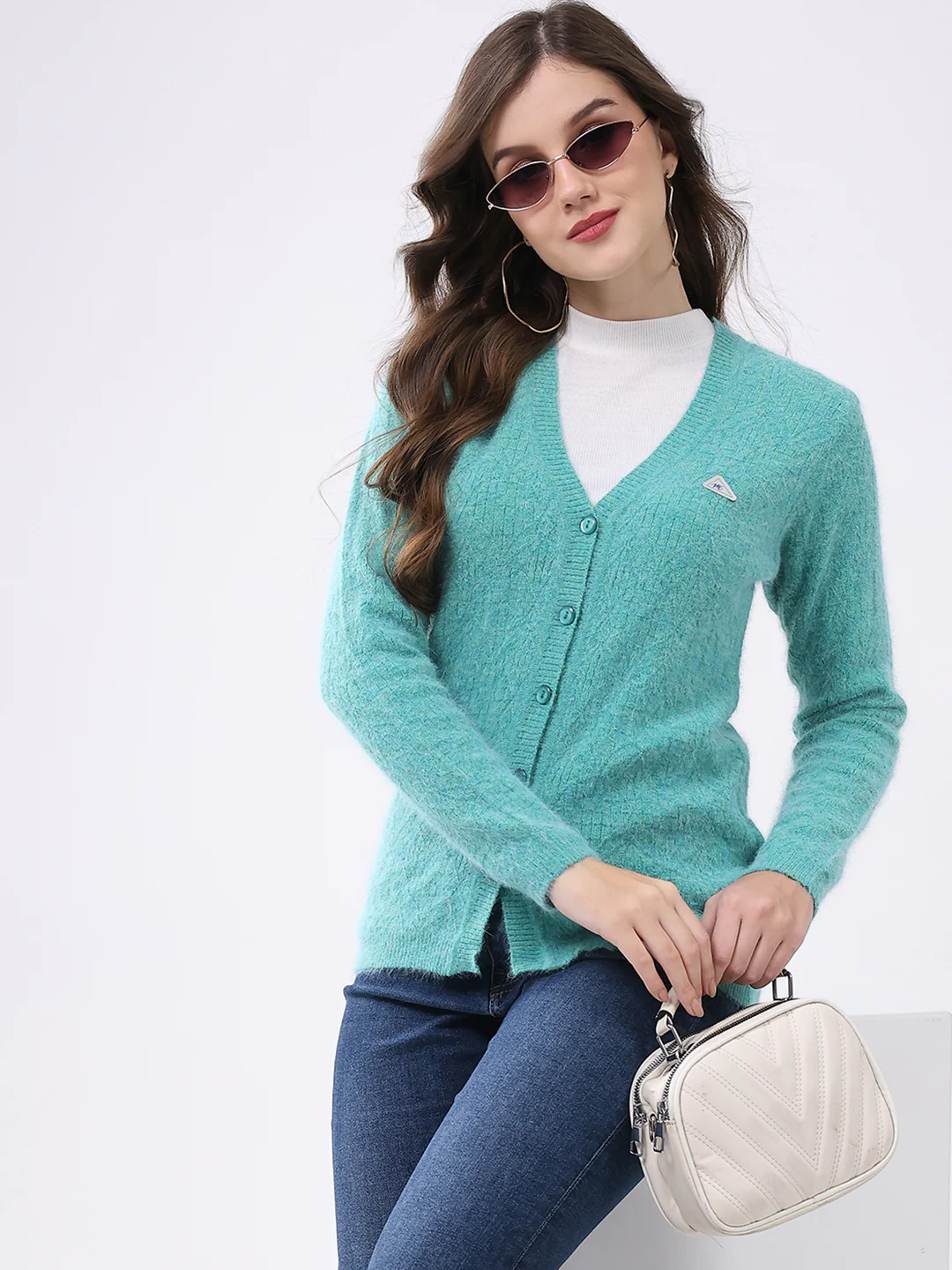 Women Aqua Blue Self Design V Neck Full Sleeve Cardigan - Image 6