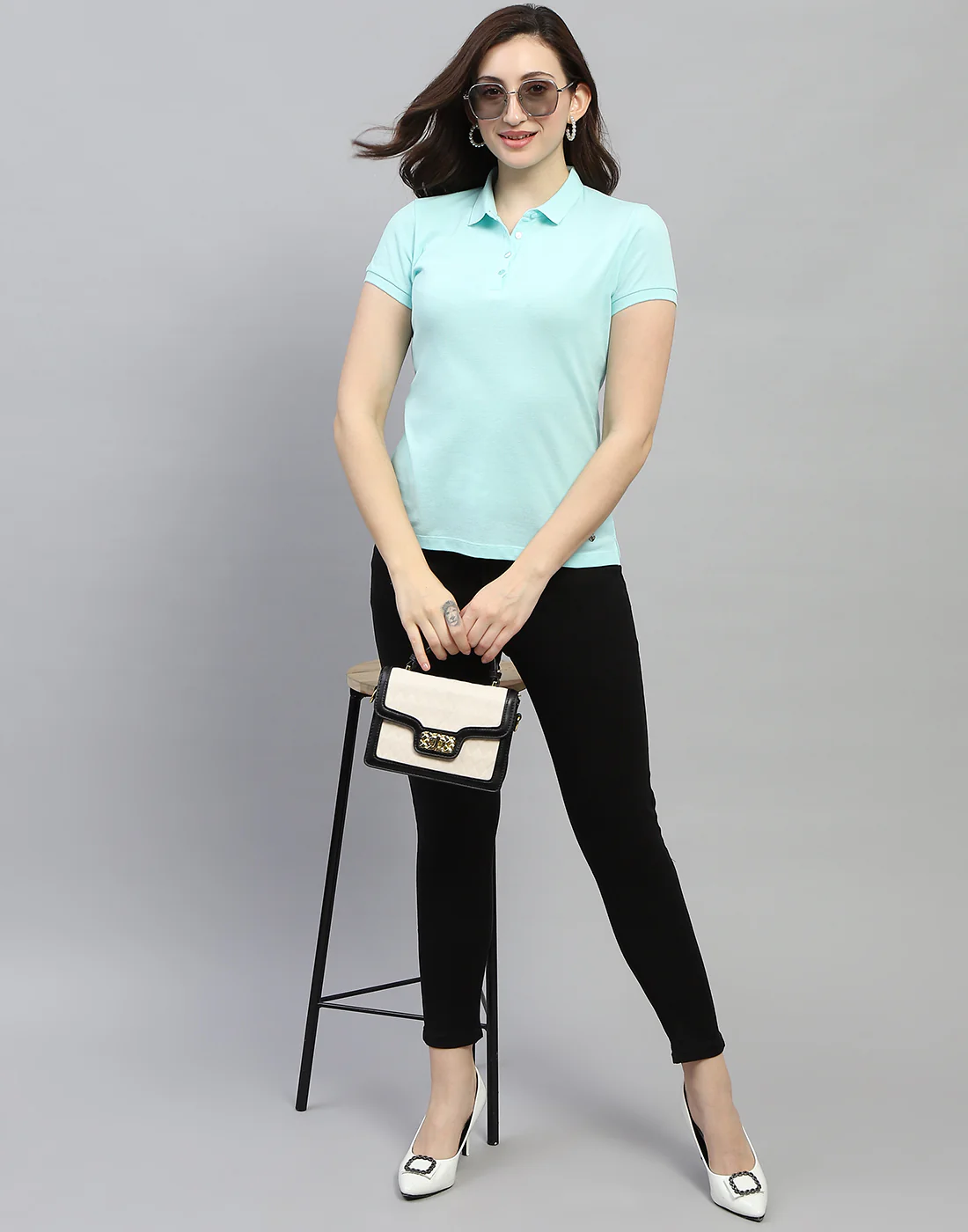 Women Aqua Blue Solid Polo Collar Half Sleeve T Shirt - Image 2