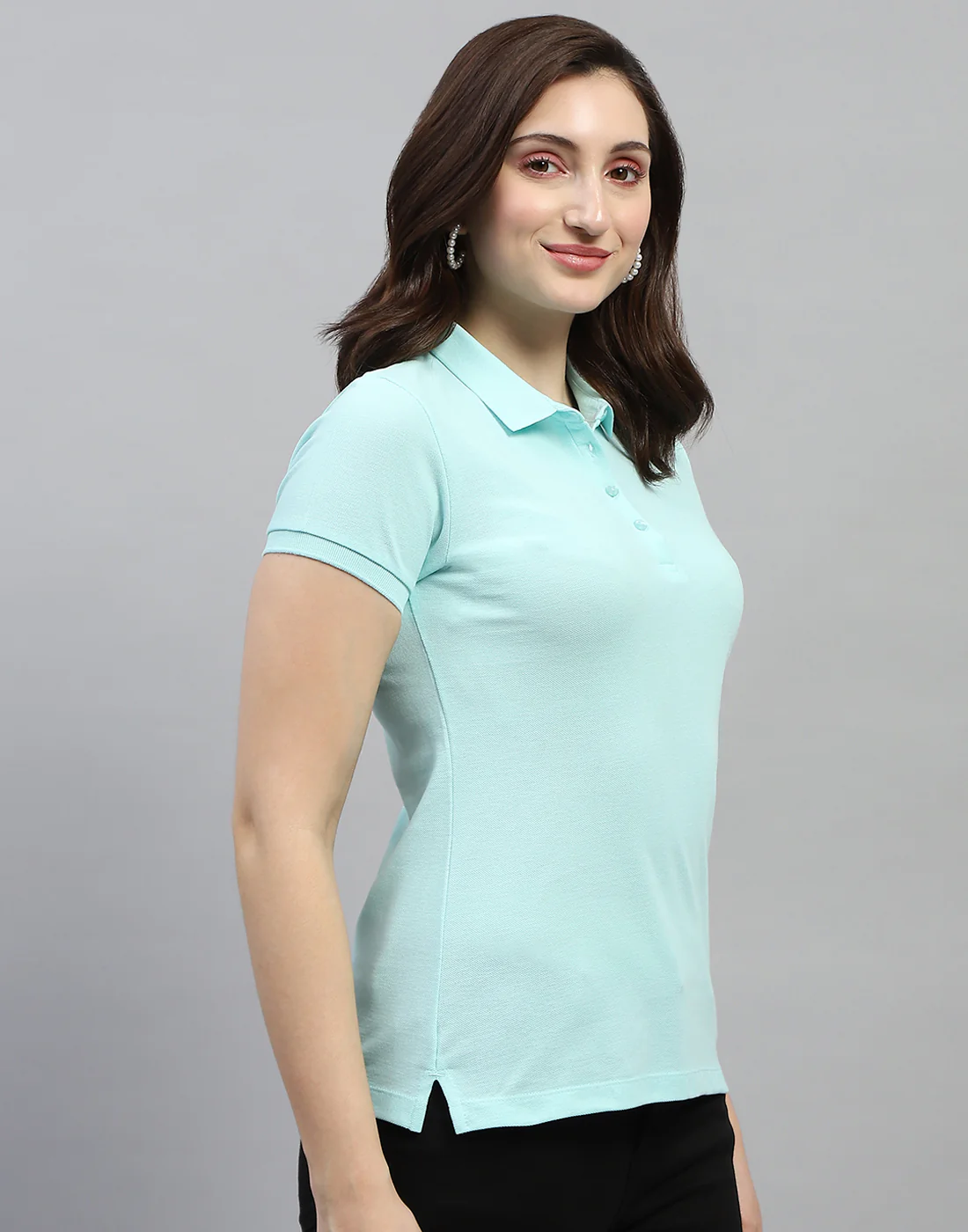 Women Aqua Blue Solid Polo Collar Half Sleeve T Shirt - Image 4