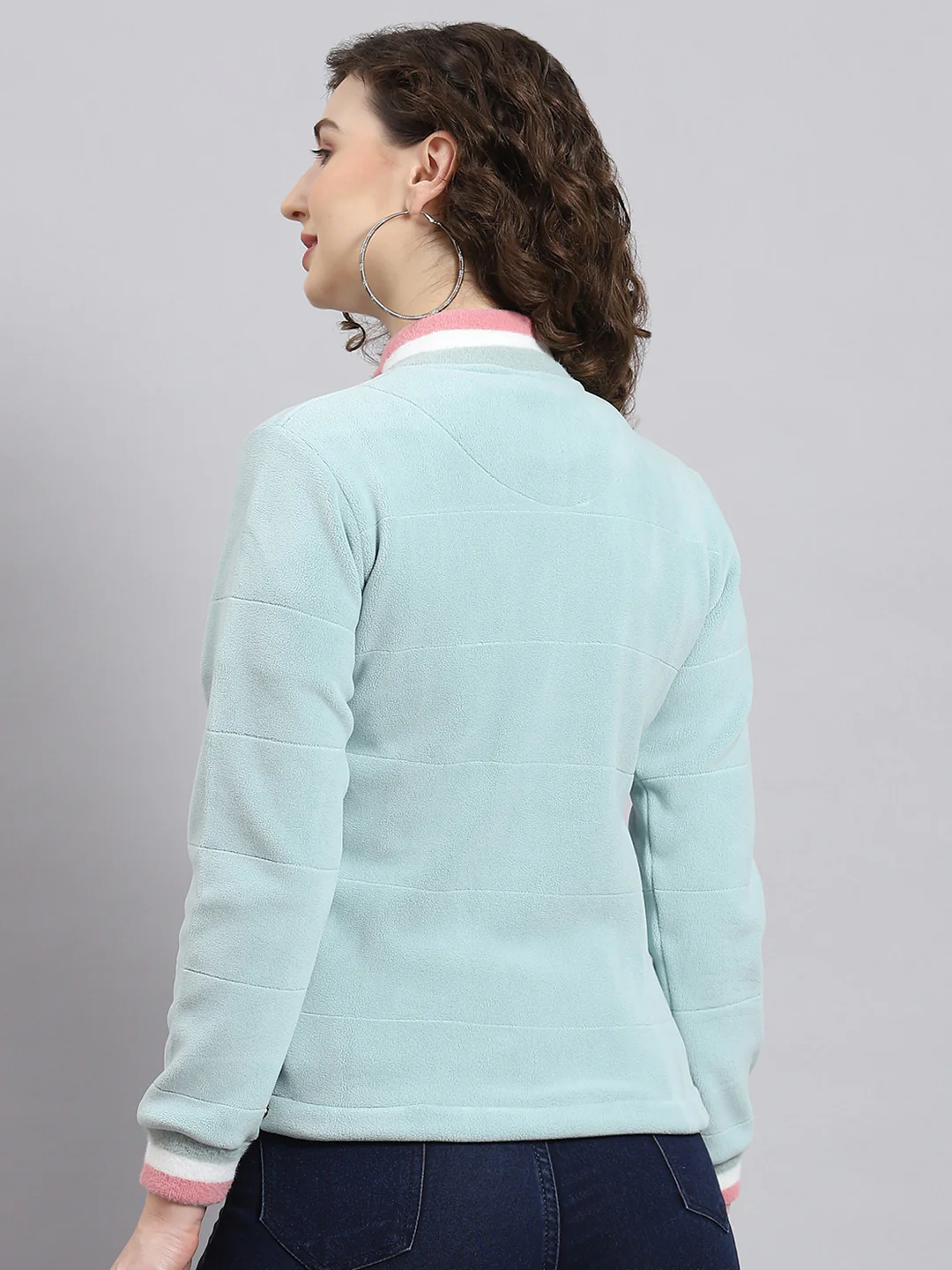 Women Aqua Blue Solid Stand Collar Full Sleeve Sweatshirt - Image 4