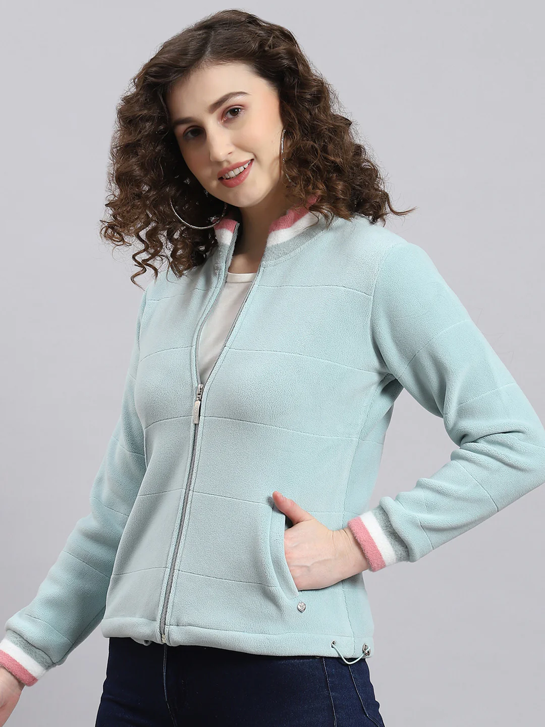 Women Aqua Blue Solid Stand Collar Full Sleeve Sweatshirt - Image 5