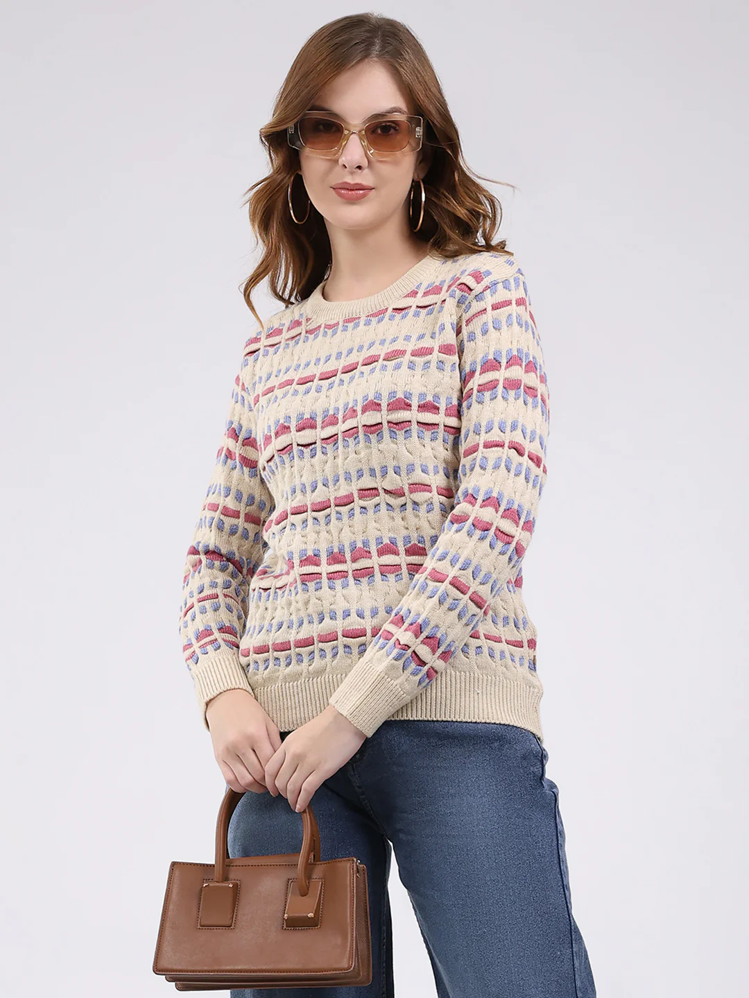Women Beige Abstract Round Neck Full Sleeve Winter Top - Image 6