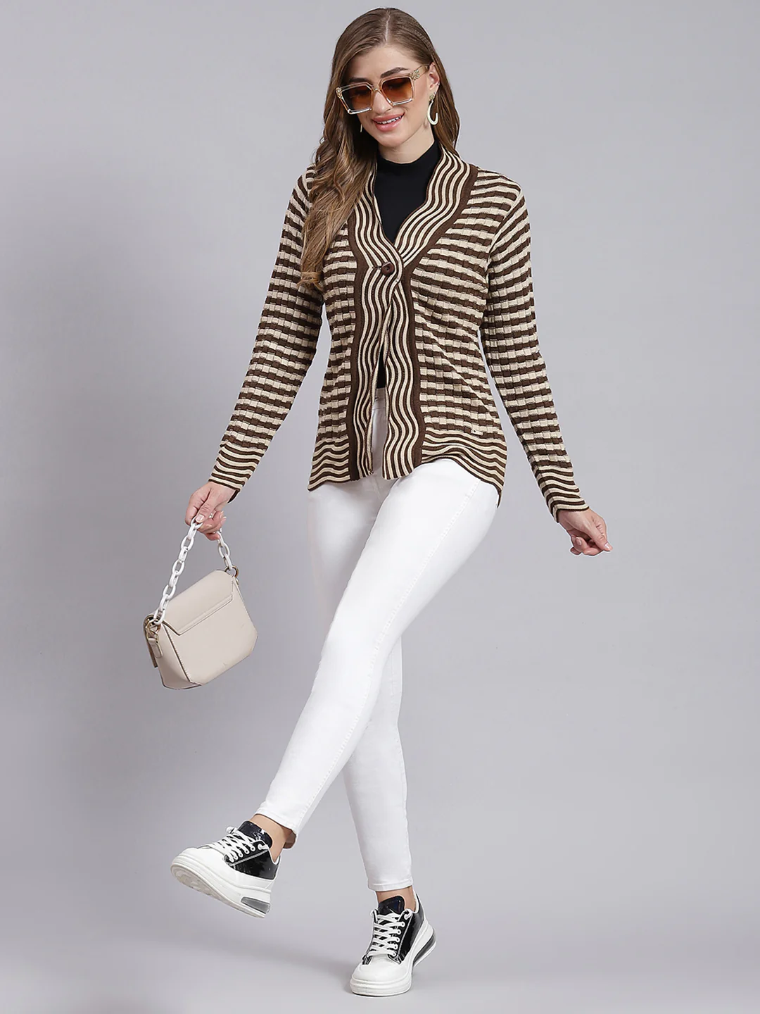 Women Beige & Brown Stripe Wool blend Cardigan - Image 2