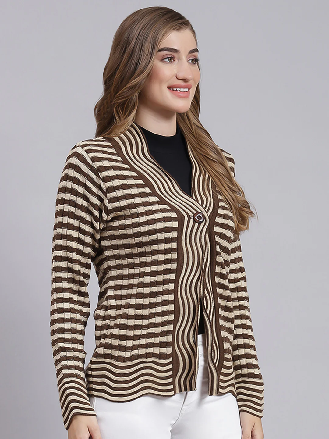 Women Beige & Brown Stripe Wool blend Cardigan - Image 4
