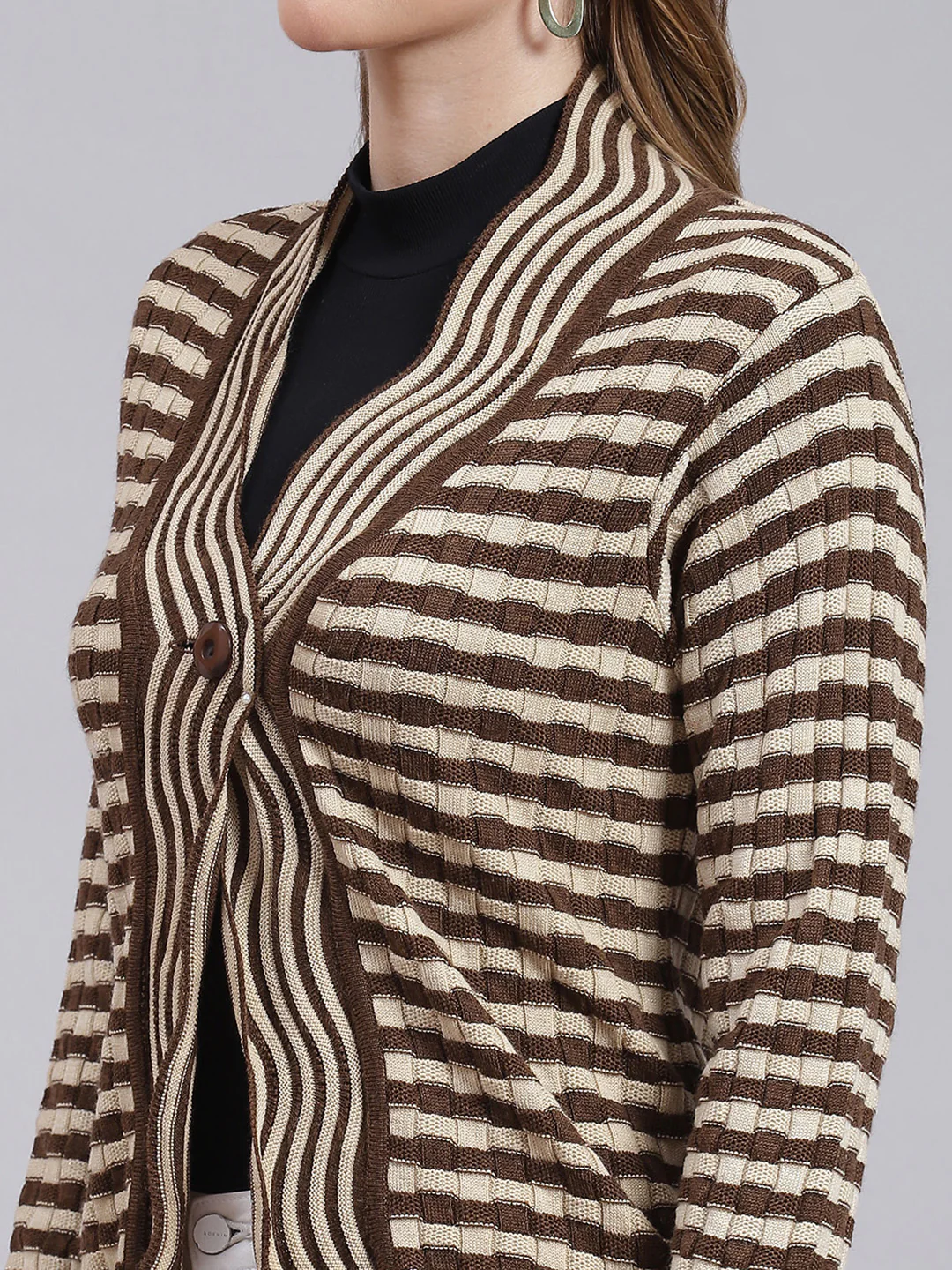 Women Beige & Brown Stripe Wool blend Cardigan - Image 6