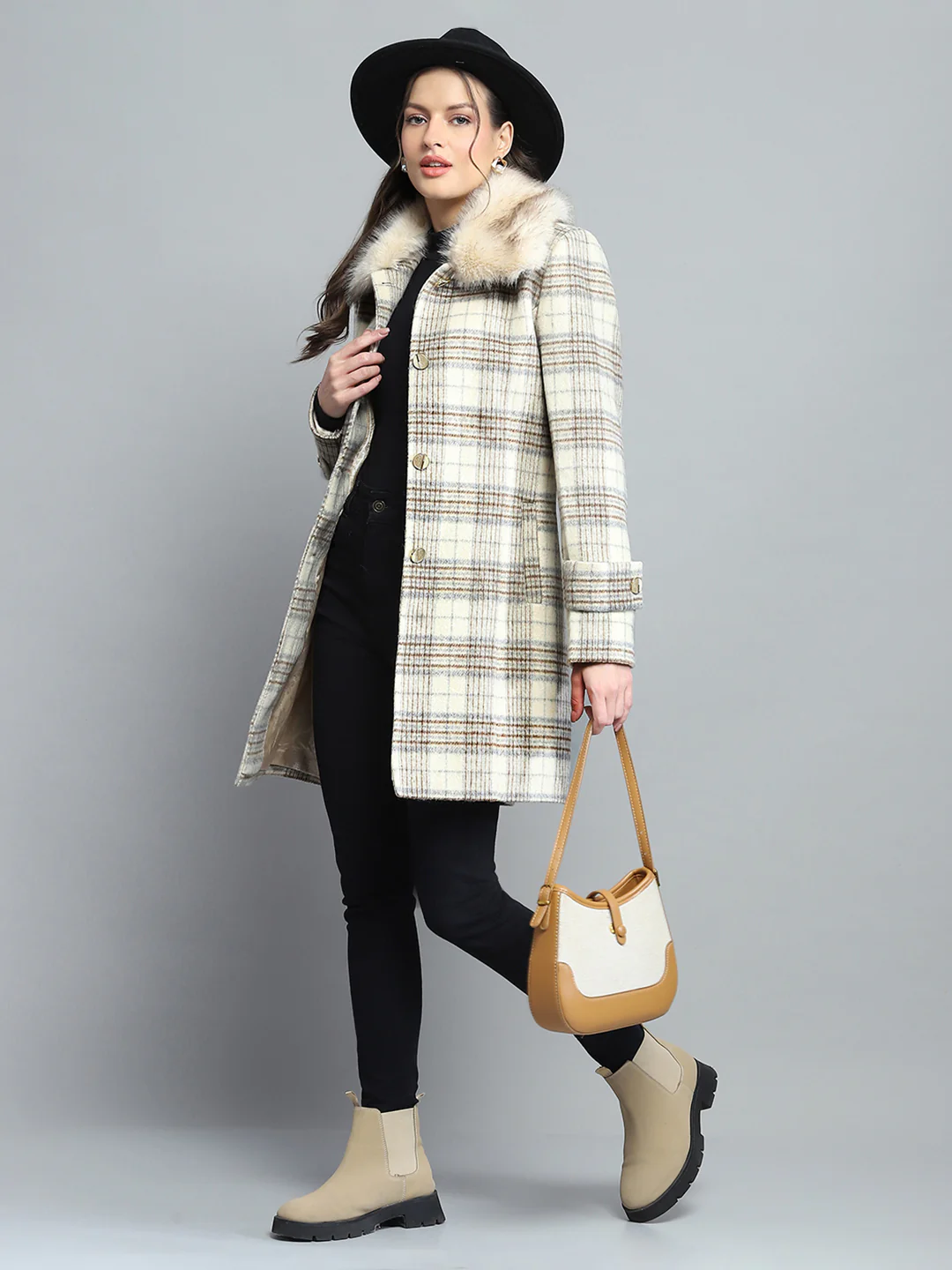 Women Beige Check Collar Full Sleeve Coat - Image 2