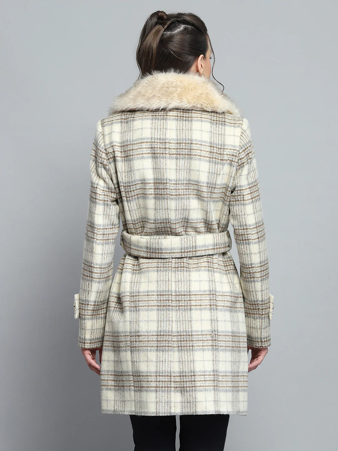 Women Beige Check Collar Full Sleeve Coat - Image 5