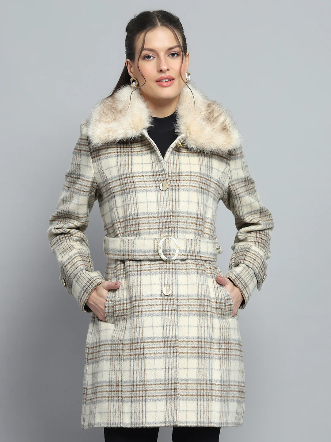 Women Beige Check Collar Full Sleeve Coat - Image 6