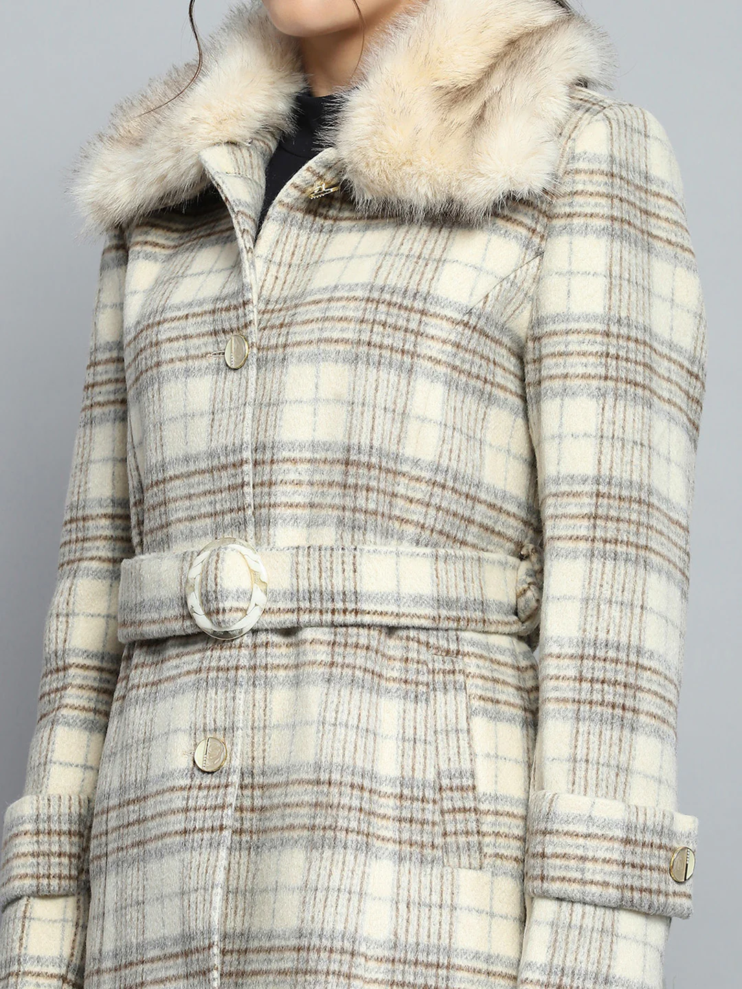 Women Beige Check Collar Full Sleeve Coat - Image 7