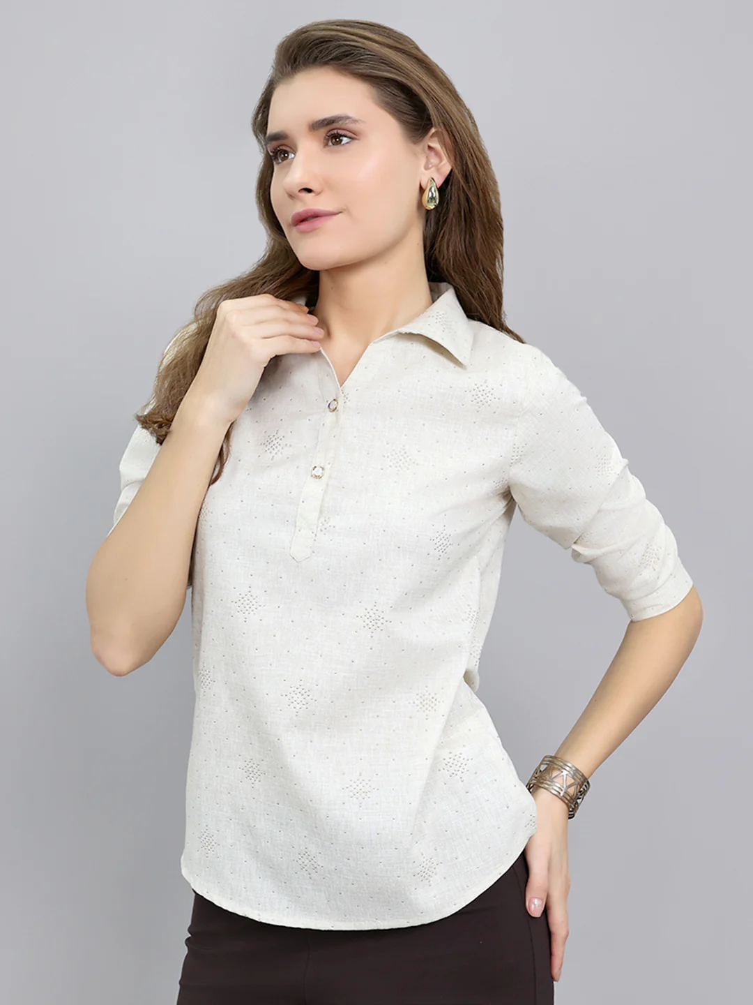 Women Beige Embellished Collar 3/4th Sleeve Top - Image 2