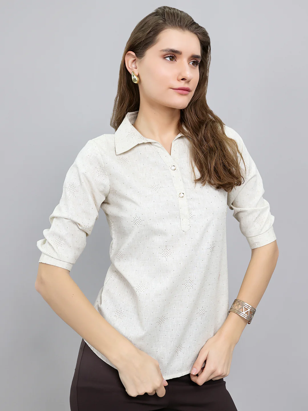 Women Beige Embellished Collar 3/4th Sleeve Top - Image 3