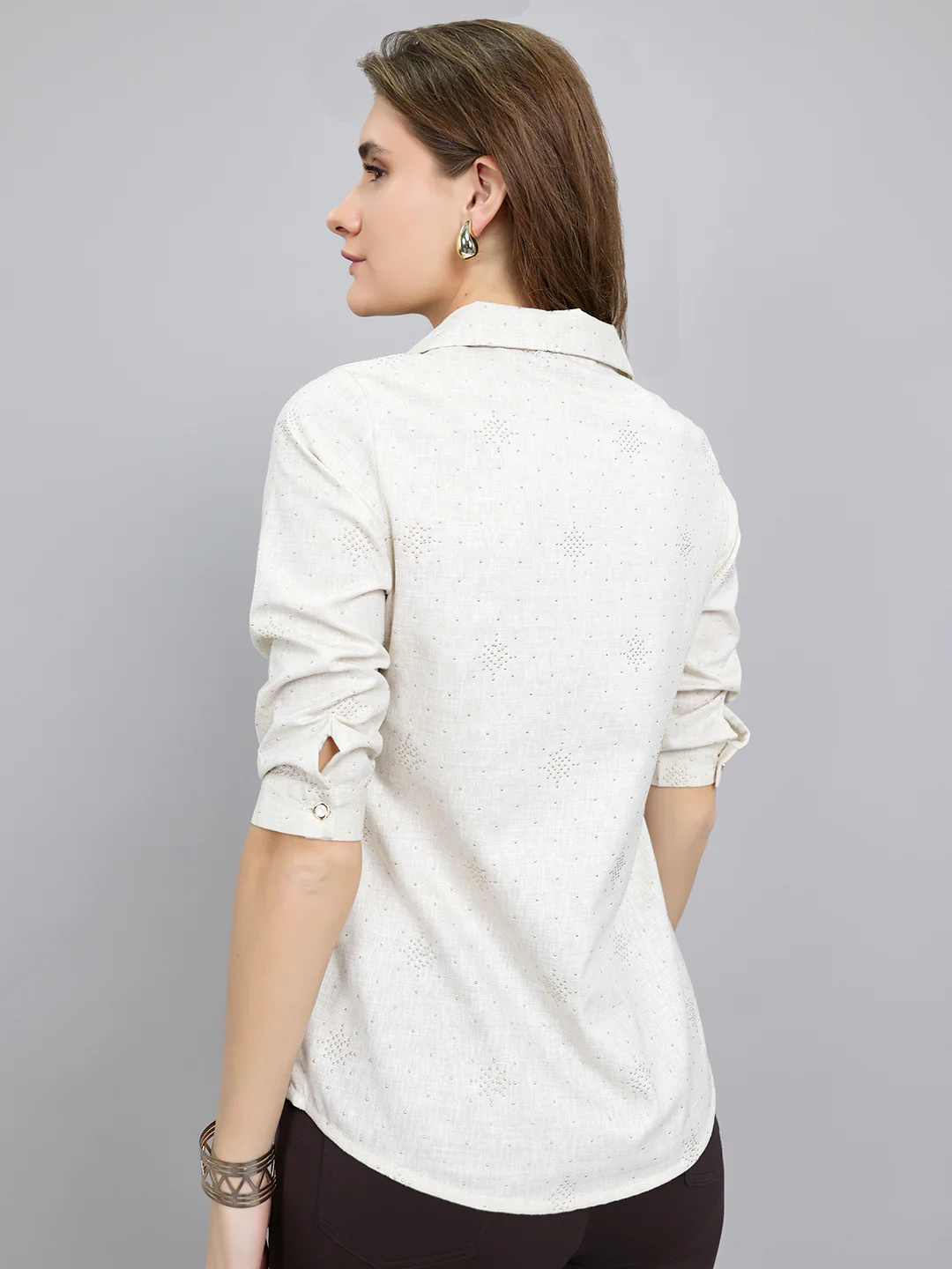 Women Beige Embellished Collar 3/4th Sleeve Top - Image 4