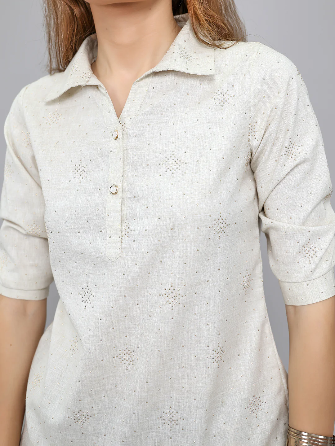 Women Beige Embellished Collar 3/4th Sleeve Top - Image 5