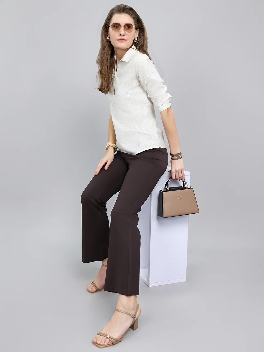 Women Beige Embellished Collar 3/4th Sleeve Top - Image 6