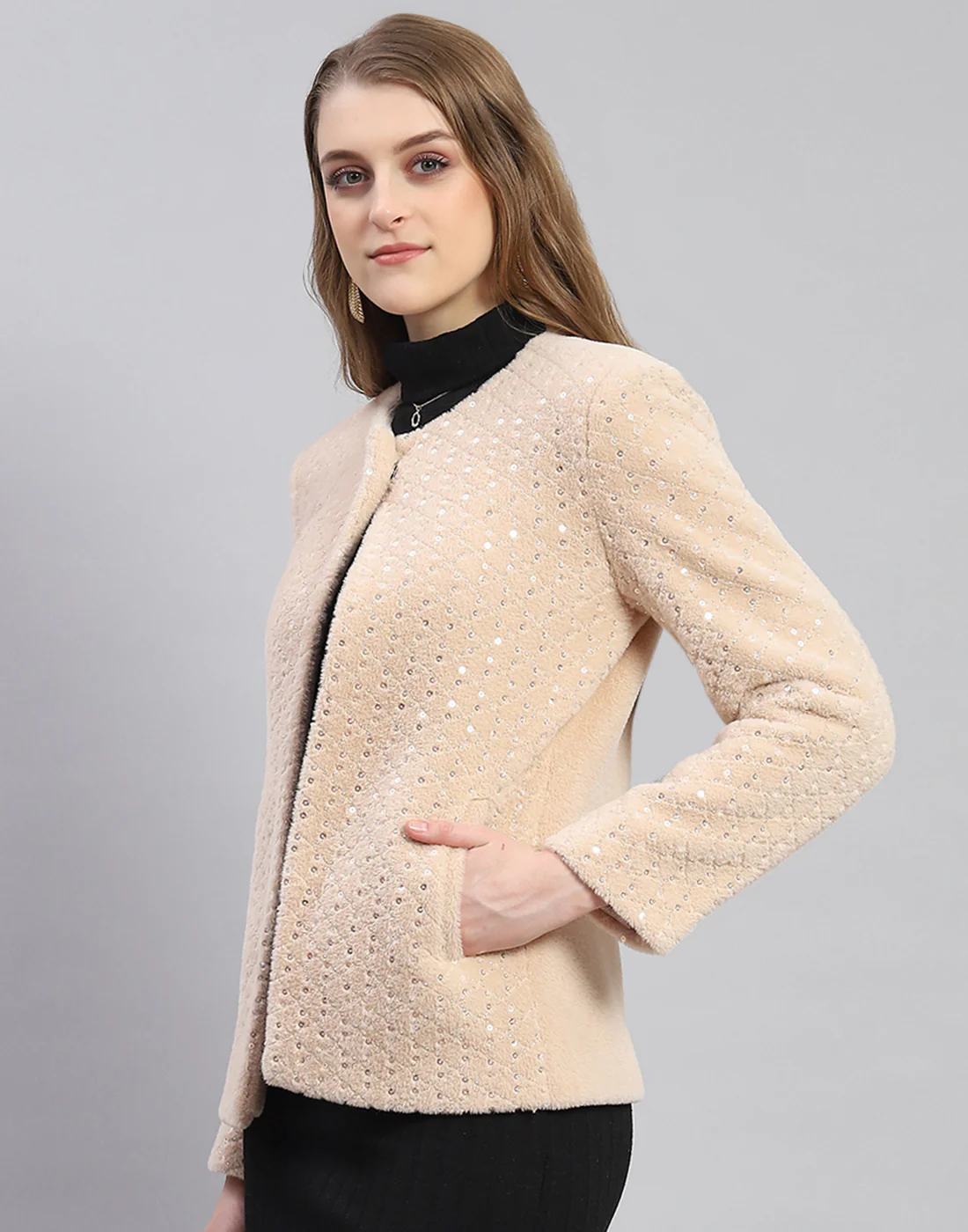 Women Beige Embellished H Neck Full Sleeve Coat - Image 3