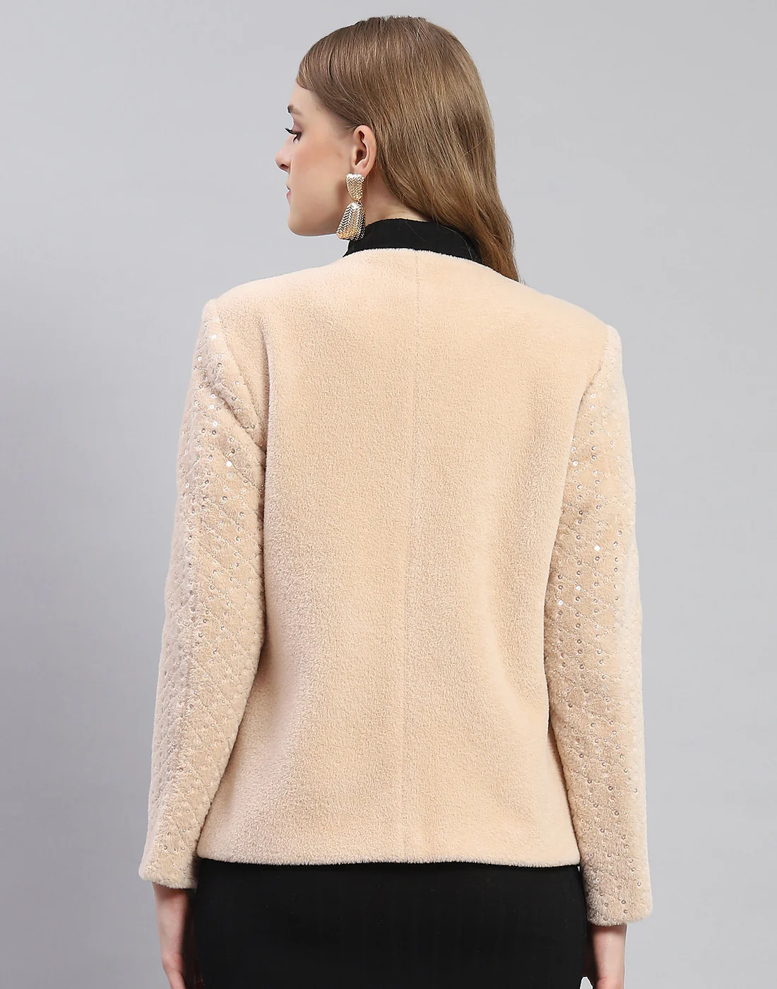 Women Beige Embellished H Neck Full Sleeve Coat - Image 5