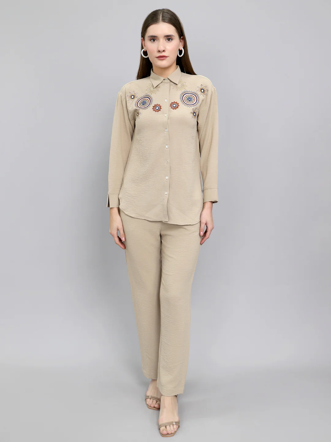 Women Beige Embroidered Collar Full Sleeve Cords Set